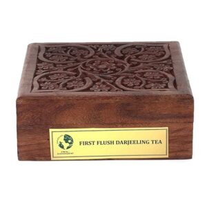 Darjeeling First Flush Black Tea in Handcrafted Wooden Decorative Gift Box with Beautiful Velvet Bag 100g